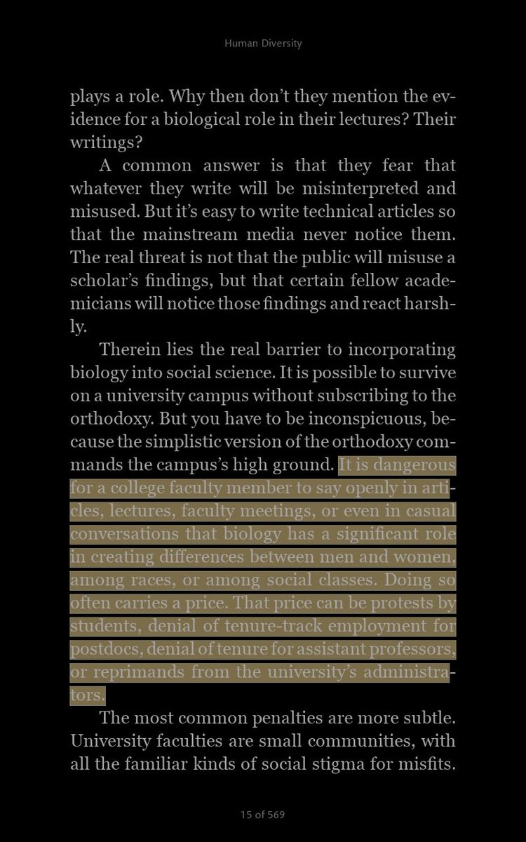 "People just kowtow the line so they don't become shunned pariahs speaking the truth (TM) about how biology accounts for gender, race and class differences."