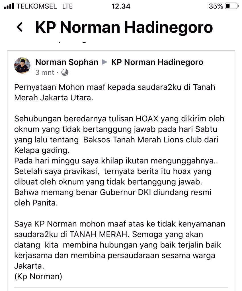 Meminta Kanjeng Norman mendelete berita dan klarifikasi serta sanksi kepada Kanjeng Norman selaku anggota Lions club,Sanksi internal  kepada beliau sdh kami jalankan dan beliau menyatakan mengundurkan diri dari keanggotaan  Lions Club per tanggal 27 Januari 2020.