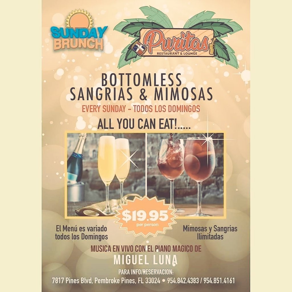 keepintouchzee's tweet photo. SUNDAY BRUNCH AT PURITAS RESTAURANT &amp; LOUNGE 
ALL YOU CAN EAT DOMINICAN FOOD &amp; ALL YOU CAN DRINK MIMOSAS &amp; SANGRIA $19.95 PP
RESERVE YOUR SEAT 954.842.4383 https://t.co/aug8tdFgw7