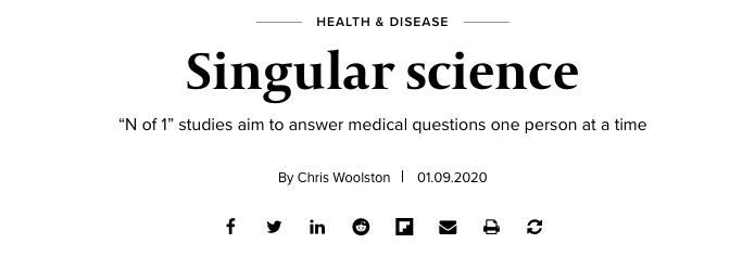 'Singular science“. Great article in @KnowableMag featuring ICN members Suzanne McDonald, Nicholas Schork, and Christopher Schmid. Check it out here: knowablemagazine.org/article/health… @cdwoolston @AnnualReviews @suzannem5 @JaneNikles #nof1 #SCED