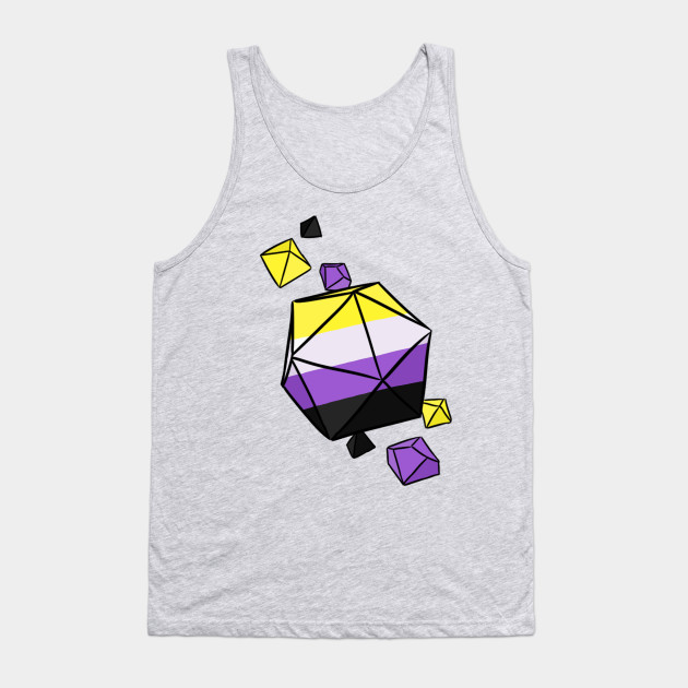 A heather white tank top with a drawing of a set of table top role playing dice on the front. The dice are the color of the nonbinary pride flag and the large twenty sided die in the center has the stripes of the flag on it.