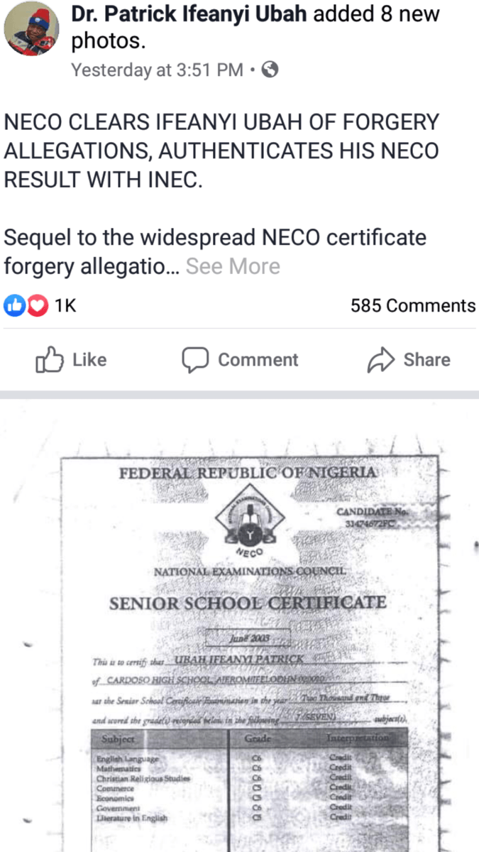 Tatafoinfo1's tweet photo. Senator Ifeanyi Uba result is Genuine Says NECO https://t.co/pHgmbho2tJ https://t.co/c96w6vh3v2