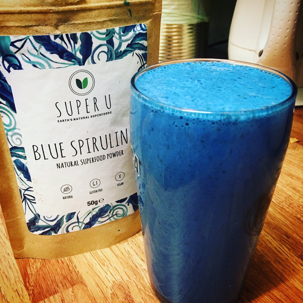 My morning smoothie... it is blue. Apparently #spirulina is good for us. It’s a natural #superfood. Also in my smoothie #mango, #spinach #kayle #yogurt and my favourite ingredient #scottishhoney