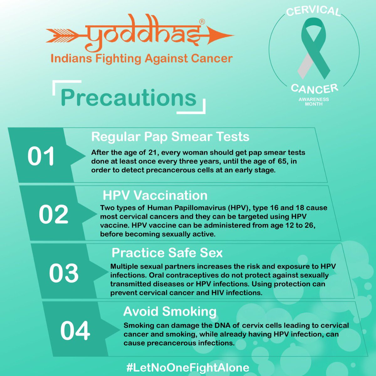 teamyoddhas's tweet photo. “In India, cervical cancer is the second most common cancer in women” So this Cervical Cancer Awareness Month, we provide you a list of do’s and dont’s. #letnoonefightalone #cancer #cancerawareness #cancersupportgroup #cervicalcancerawareness #cervicalcancerawarenessmonth https://t.co/9Afa3AKI8H