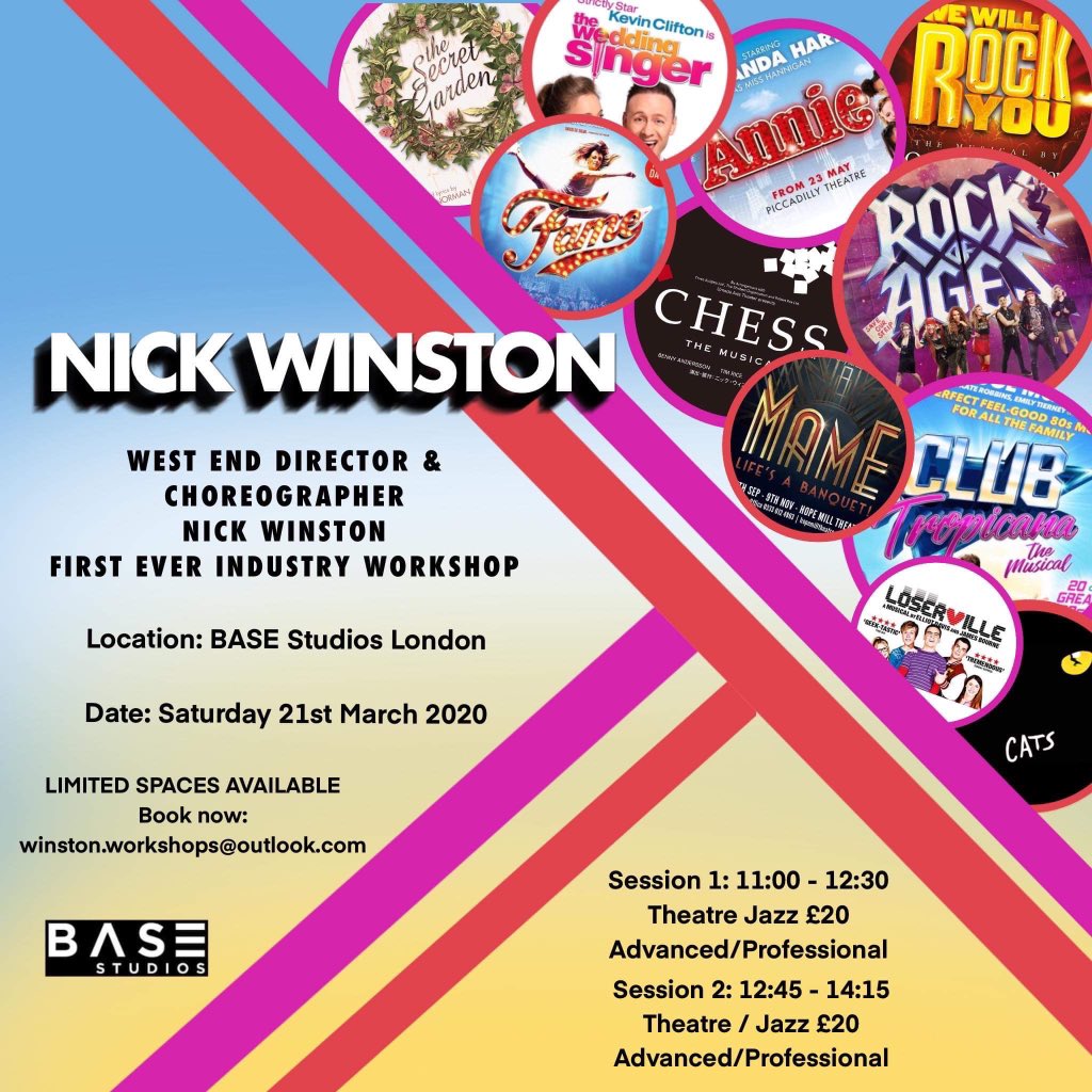 📣 ANNOUNCEMENT 📣 
Industry workshop 

Location: BASE Studios London

Date: Saturday 21st March 2020

Session 1: 11:00 - 12:30 
Theatre Jazz £20
Advanced/Professional 

Session 2: 12:45 - 14:15
Theatre / Jazz £20
Advanced/Professional 

Book now: winston.workshops@outlook.com