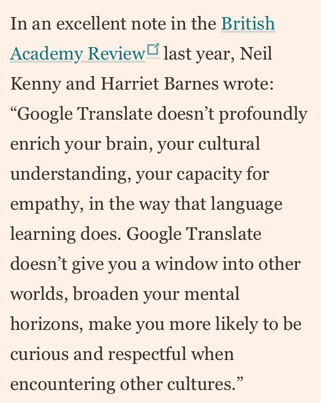 Human connections will always beat Google Translate -  @Skapinker quotes work of  @BritishAcademy_ in defence of language learning  https://www.ft.com/content/6892a5be-3ea8-11ea-a01a-bae547046735?shareType=nongift