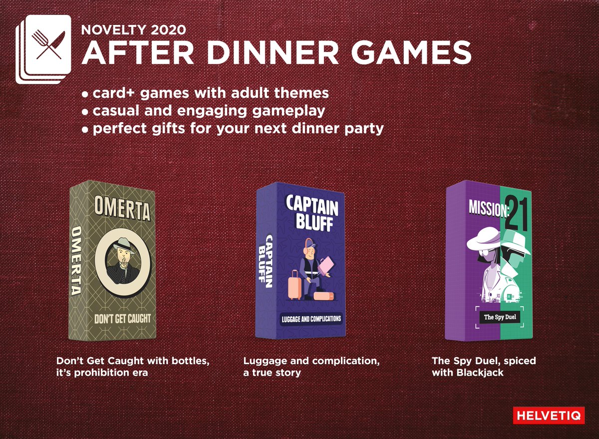 Helvetiq's tweet photo. Team Helvetiq is thrilled to present After Dinner Games, our new collection launching in 2020. See you at Toyfair for the worldwide release!
#spielwarenmesse #toyfairnuremberg #tabletopgames #helvetiq #afterdinnergames #boardgames #cardgames #timetoplay #playwithdesign https://t.co/iNAtNgUwZF