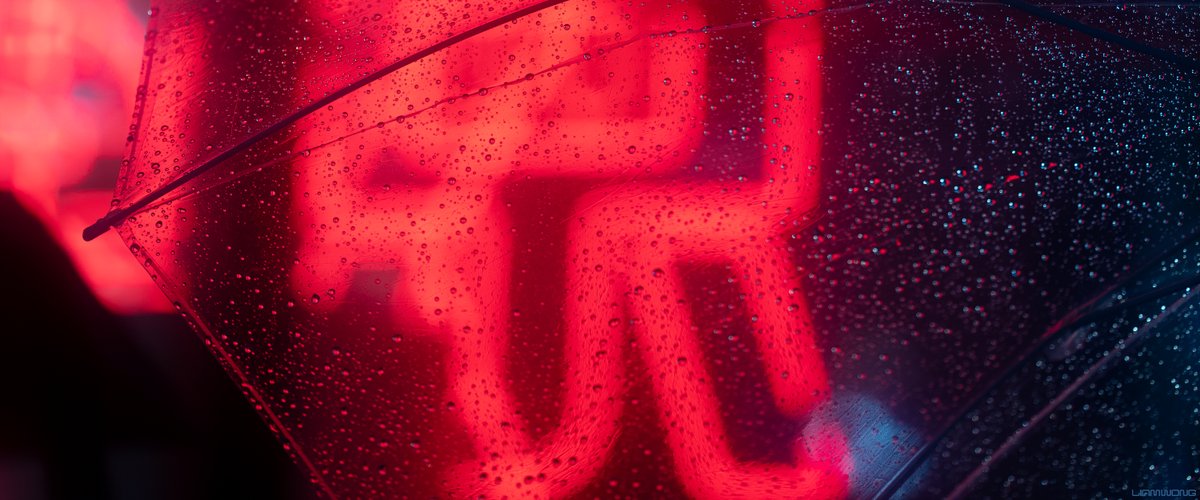 Photography by Liam Wong of Tokyo at night. A neon sign is seen through a plastic umbrella. It is reddish in color. There are many details of raindrops on the umbrella.