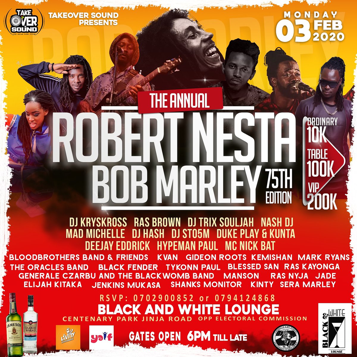 NovaMediaUG's tweet photo. Celebrate the legend Robert Nesta Marley's 75th Earthstrong with Takeover Sound alongside other DJs and artistes on Monday, 3rd February, 2020 at Bla I & White Lounge ( former Mix Lounge, Cemtenary Park)
Entrance 10K ordinary β’ Table of 5 is 100K β’ VIP table is 200K. #BobAt75 https://t.co/fY9Jy5Sw0H
