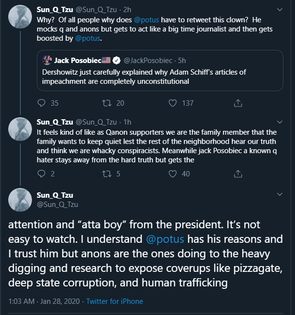 SunQTzu gets so close to the truth in the middle tweet. Trump wants your vote, but if there is a #QAnon related mass shooting between now and the election he also wants the ability to deny he ever knew anything about you.