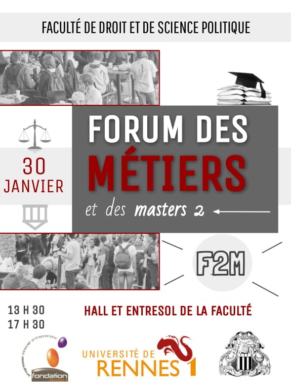 M2Dnum's tweet image. Le Master participe à la prochaine édition du Forum des Métiers et des Master 2 qui se tiendra jeudi 30 janvier de 13h30 à 17h30 à la faculté de droit de Rennes. Nos étudiants se feront un plaisir de vous accueillir et de vous présenter la formation et les entreprises partenaires