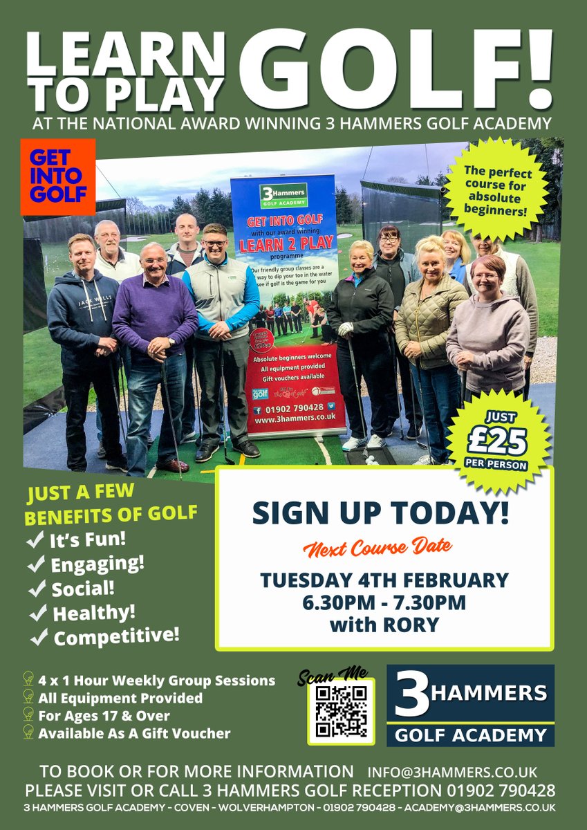 3HammersAcademy's tweet photo. Get into golf with @roryhaighPGA ‼️
We have our next Learn to Play starting Tuesday 4th February at 6:30pm

Our 4 week programme costs just £25 and is perfect for beginners to book your place call 01902 790428 or click HERE ➡️ https://t.co/lrR1ig884V https://t.co/Q39Y01hgVd