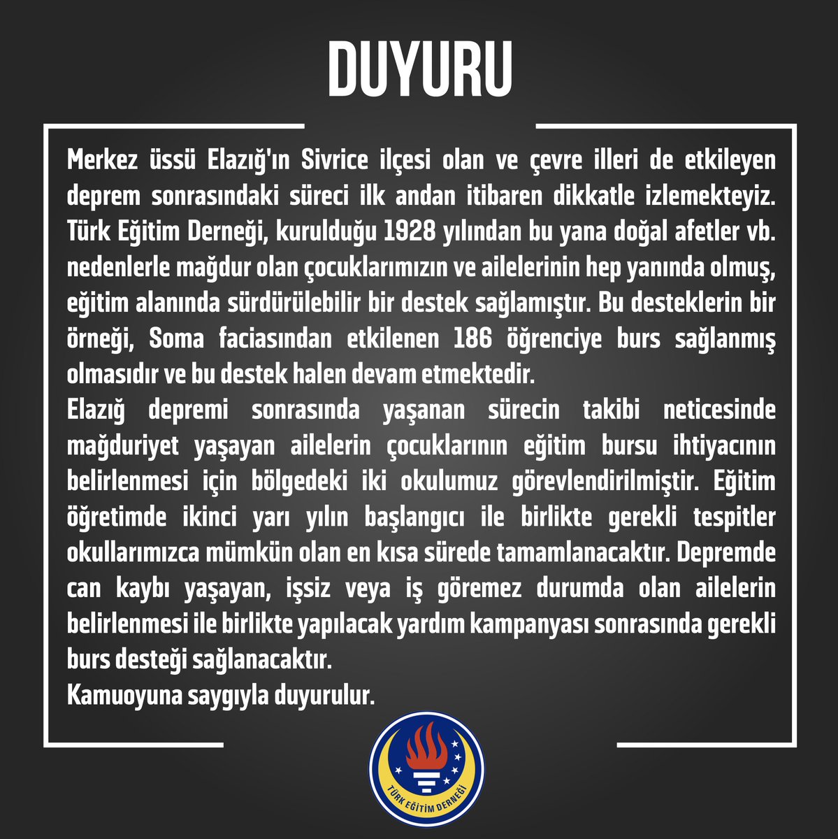 Konuyla ilgili tüm ayrıntılı bilgiler, ikinci yarı yılın başlaması sonrasında duyurulacaktır. #elazığ <a href="/TED1928/">Türk Eğitim Derneği</a>