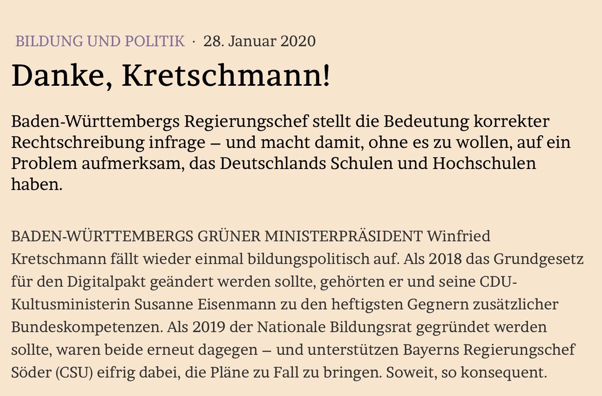 DANKE, KRETSCHMANN!

Baden-Württembergs Regierungschef #Kretschmann stellt die Bedeutung korrekter #Rechtschreibung infrage – und macht damit, ohne es zu wollen, auf ein Problem aufmerksam, das Deutschlands Schulen und Hochschulen haben.

Im Blog: jmwiarda.de/2020/01/27/dan…