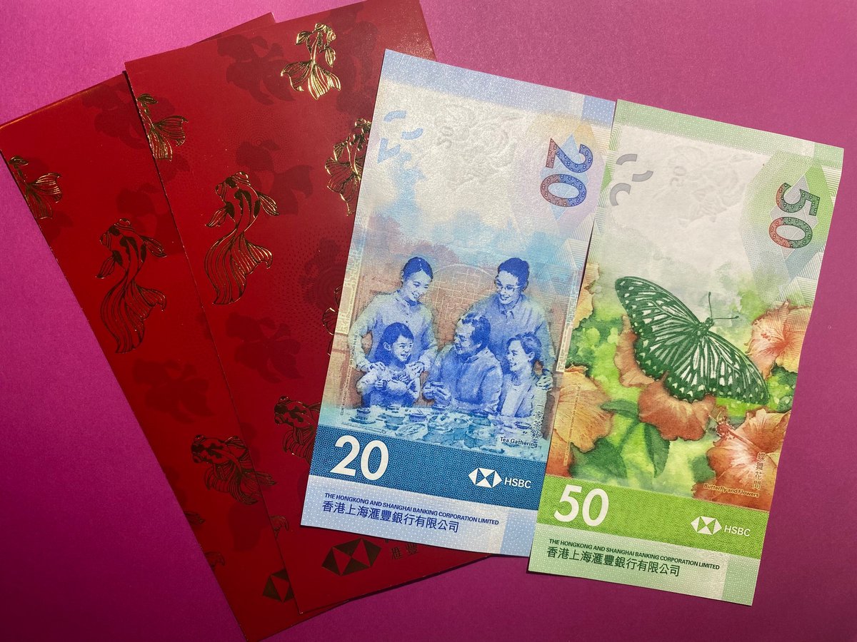 DeLaRuePlc's tweet image. In Hong Kong this year the red envelopes gifted as part of Chinese New Year celebrations as will contain the recently launched 20 and 50 from HSBCs new water coloured banknote familybased on the “ Facets of Life in Hong Kong” designed by De La Rue.

#BanknoteDesign