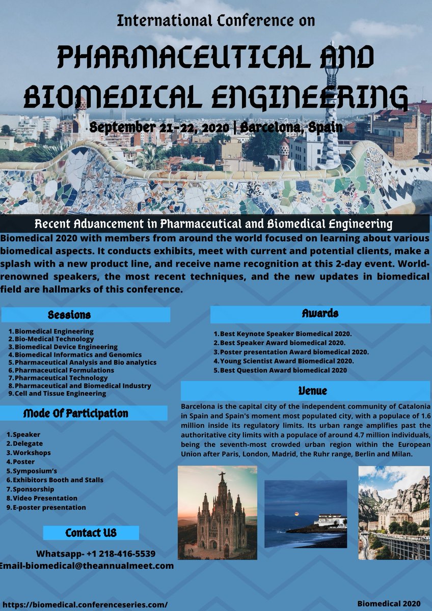 2020Biomedical's tweet image. Leading academicians, professors, post-graduate researchers, and others are invited to share your insights and deliver presentations at the forthcoming #Biomedical Conference, in Barcelona, Spain, from September 21-22, 2020!
For more info-biomedical.conferenceseries.com