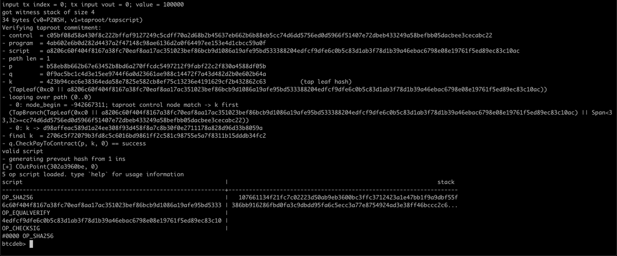 kallewoof's tweet photo. The tapscript itself consists of 2 script paths, but you only see the one that was used to spend (the btcdeb starting point). https://t.co/4BwHlQgFN8