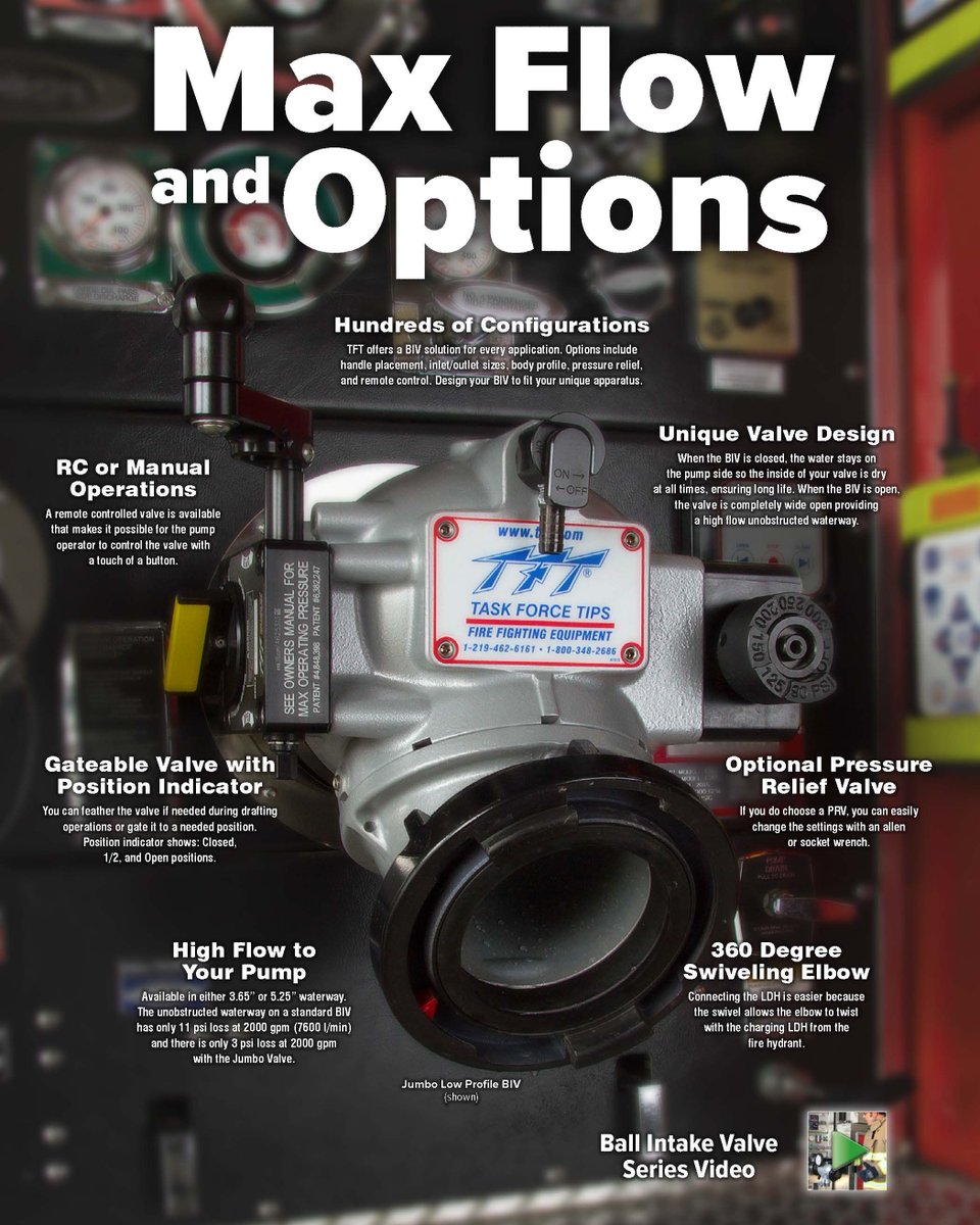 taskforcetips's tweet photo. Hundreds of Configurations for Max Flow and Options! 
TFT offers a #BIV solution for every application. Options include handle placement, inlet/outlet sizes, body profile, pressure relief, and remote control. Design your BIV to fit your unique apparatus. #tftproud #watersupply https://t.co/1YU99Ph2xi