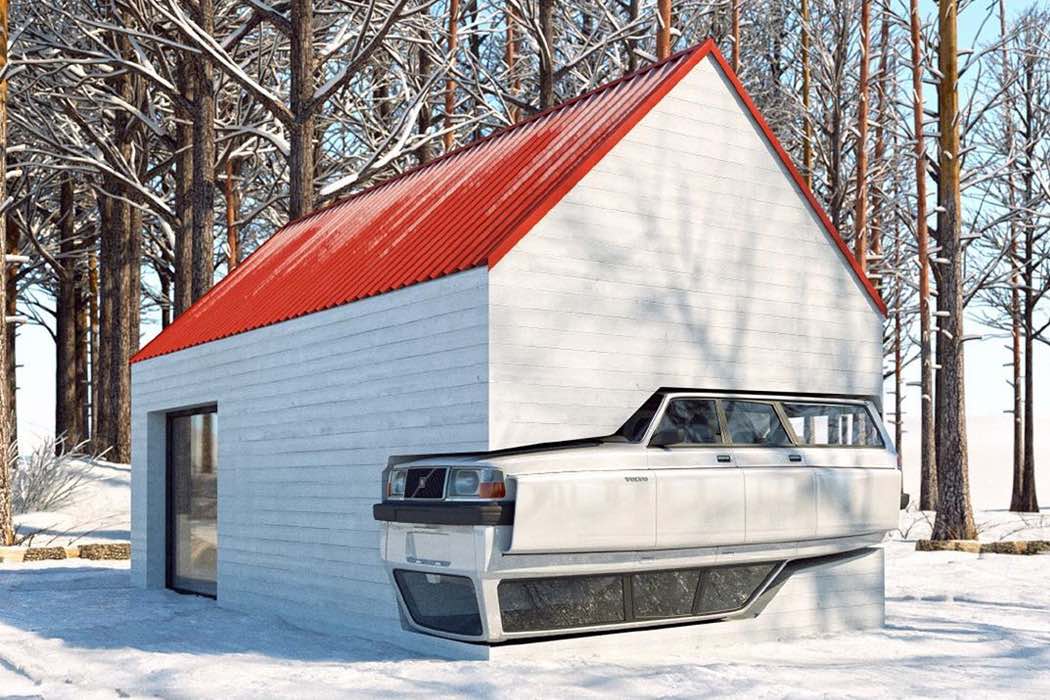 2 Volvo cars sandwiched and structurally embedded into the side of a small cabin.