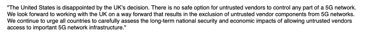 A senior Trump administration official responds to the UK decision, saying the US is “disappointed."