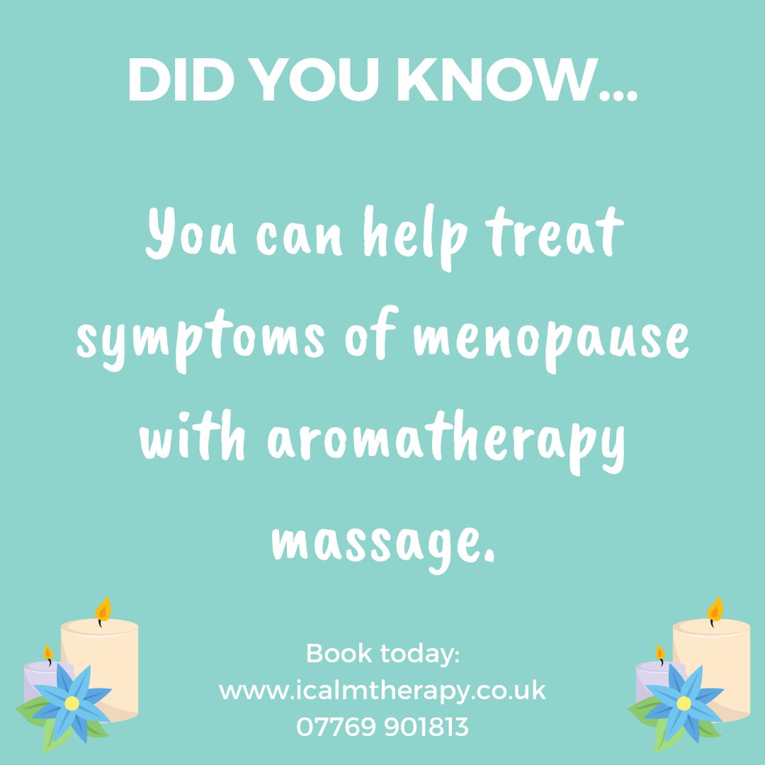 icalmtherapy's tweet photo. Treat symptoms of menopause with aromatherapy. Using essential oils such as geranium, rose and lavender, blended with evening primrose oil, can significantly reduce symptoms commonly associated with menopause such as depressive mood, anxiety, insomnia and hot flushes. https://t.co/jVn0teadPO