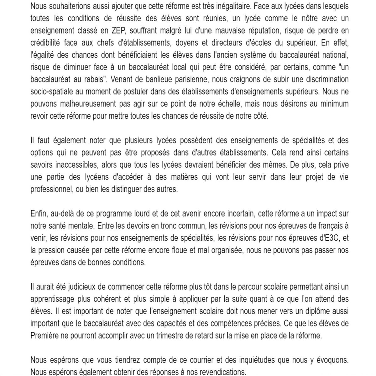 UnisCLR's tweet photo. Voici les raisons pour lesquelles les élèves du lycée de Bezons, Ronceray ont été contraint de faire blocus lors de la journée du 28 janvier 2019, soit le jour de leurs premières épreuves d’E3C #UCLR #UnisContreLaReforme @acversailles https://t.co/CqneYOJ4Dr