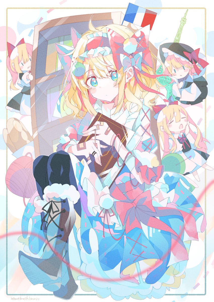 alice margatroid ,shanghai doll blonde hair boots blue eyes bow book dress hairband  illustration images