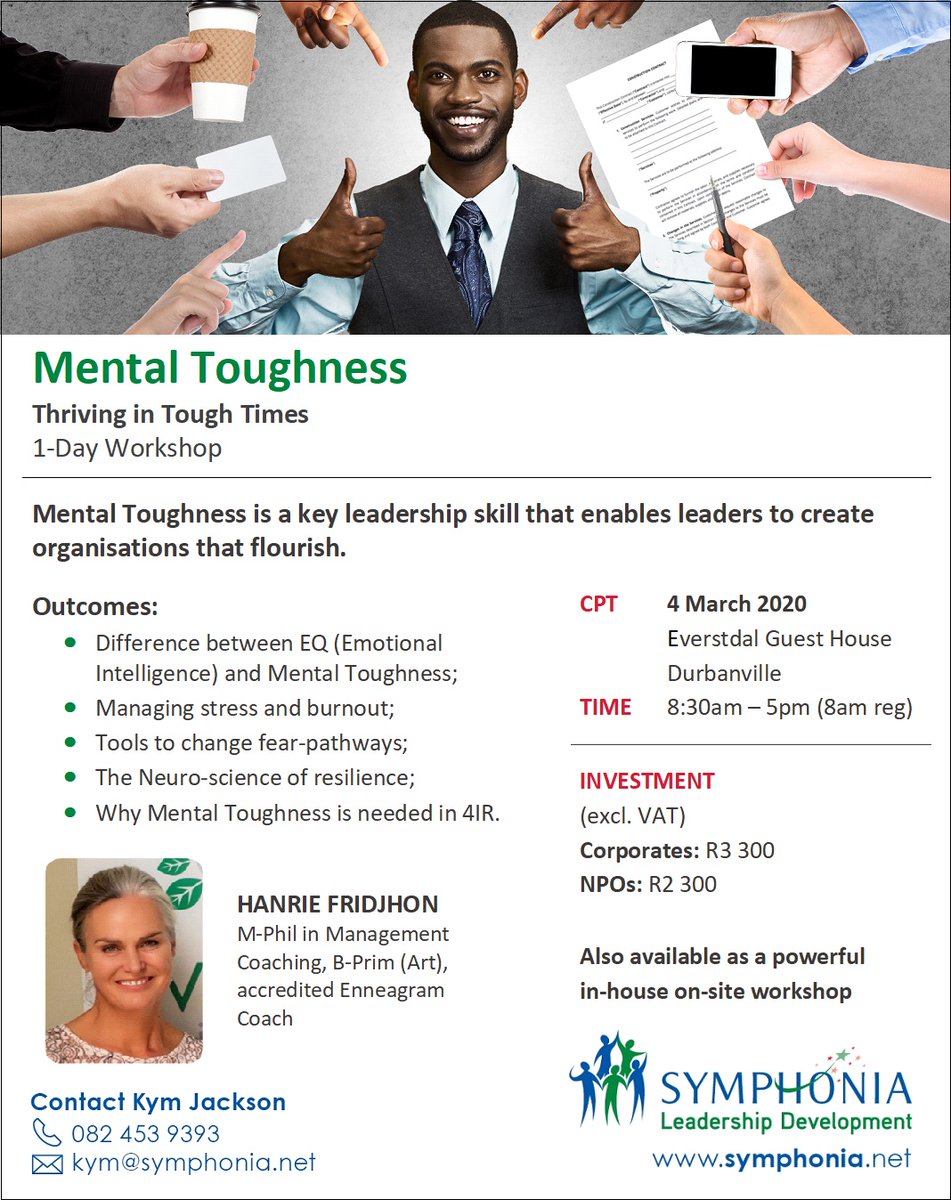 SymphoniaLDev's tweet photo. #MentalToughness. Create organisations where people flourish and shine. #CapeTown.
Also available as a customised inhouse workshop.
https://t.co/MFBRAdkWac https://t.co/usOCo3SnYr