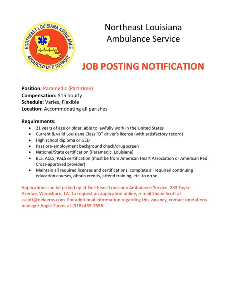 nelaems's tweet photo. NELA is hiring paramedics and basics. Competitive pay and benefits (employer-paid health insurance at 100%). $5,000 sign on bonus for paramedics. More info here👇 #ParamedicJobs #EMScareers #EMSlife #Louisiana #EMS https://t.co/tr72e9flaR