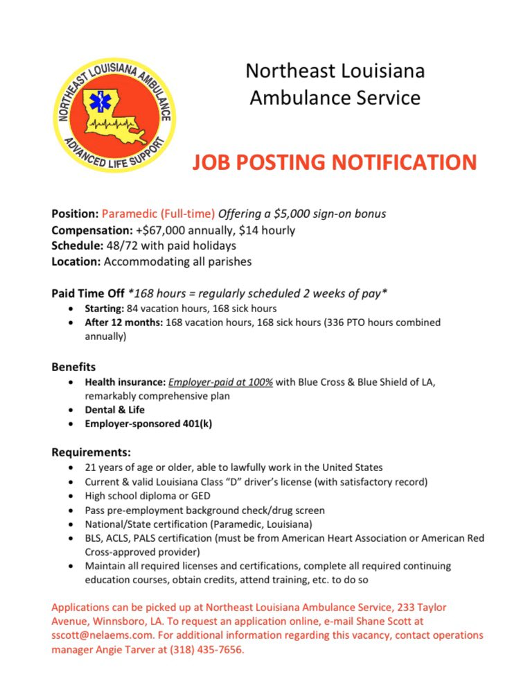 nelaems's tweet photo. NELA is hiring paramedics and basics. Competitive pay and benefits (employer-paid health insurance at 100%). $5,000 sign on bonus for paramedics. More info here👇 #ParamedicJobs #EMScareers #EMSlife #Louisiana #EMS https://t.co/tr72e9flaR