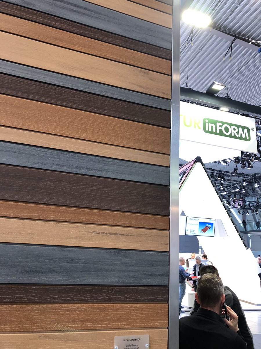 NATURinFORM's tweet photo. #Fassade auf der #DachundHolz. Schön gestreift bei uns. Viele #Farben. Viele Breiten. #wpc #diele #fassade #holz #pefc #madeinGermany #klimaneutral https://t.co/kG9YWAExwZ