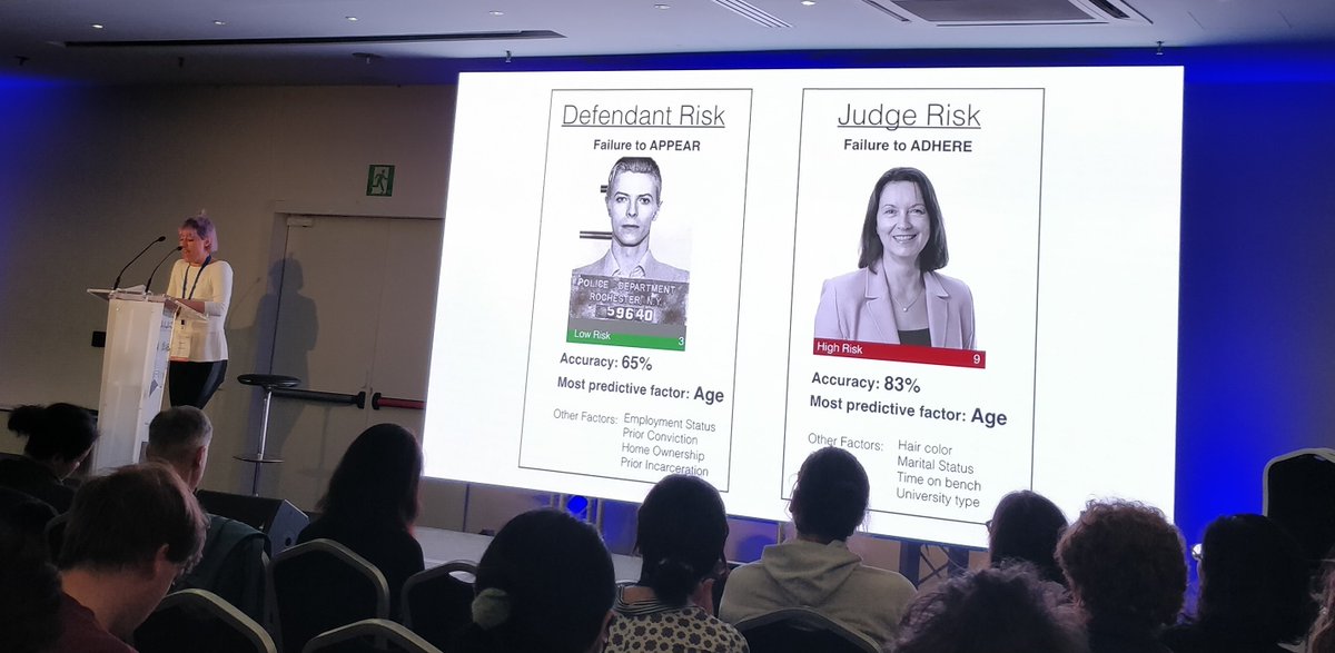 Slide of judge risk system evaluation and criteria - idea judges would be horrified by the idea demographic factors affect their decision-making, but we accept these in models of recidivism.