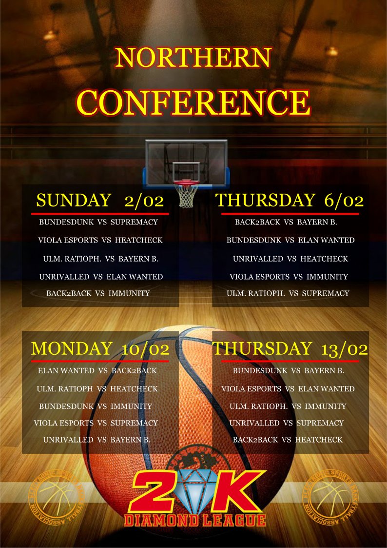 ESBA Electronic Sports Basketball Association (@esbasports) on Twitter photo โ ๏ธโ ๏ธNORTH CONFERENCE SCHEDULE 1/2โ ๏ธโ ๏ธ
<a href="/bundesdunk/">Jhonny</a> <a href="/Unrivalled2K/">Unrivalled 2K ๐ฟ</a> @Supremacy_NBA <a href="/ImmunityEU/">Immunity</a> <a href="/BBack2K/">BACK 2 BACK EU</a> @Elan_WanteD <a href="/HeatCheck_2K/">HeatCheck</a> @ViolaEsports @uuulmer_eSports @BayernBallers โ ๏ธโ ๏ธNORTH CONFERENCE SCHEDULE 1/2โ ๏ธโ ๏ธ
<a href="/bundesdunk/">Jhonny</a> <a href="/Unrivalled2K/">Unrivalled 2K ๐ฟ</a> @Supremacy_NBA <a href="/ImmunityEU/">Immunity</a> <a href="/BBack2K/">BACK 2 BACK EU</a> @Elan_WanteD <a href="/HeatCheck_2K/">HeatCheck</a> @ViolaEsports @uuulmer_eSports @BayernBallers