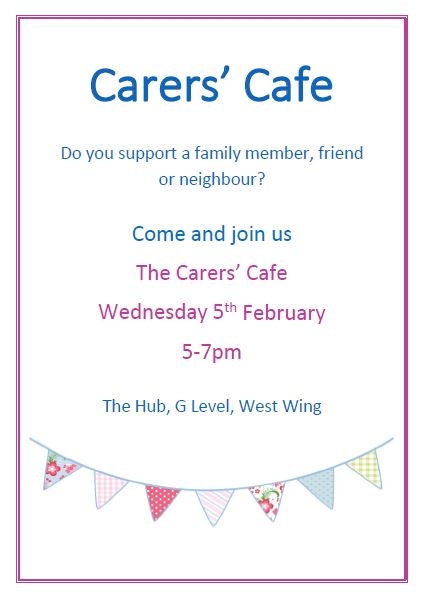 CarersinSoton's tweet photo. Great news!  @UHSFT are relaunching their Carers' Cafe next Wednesday 5th February 5-7pm at The Hub, G Level.
See: https://t.co/HmkHiHdzta  Please share widely. https://t.co/RTrAgkuxlB