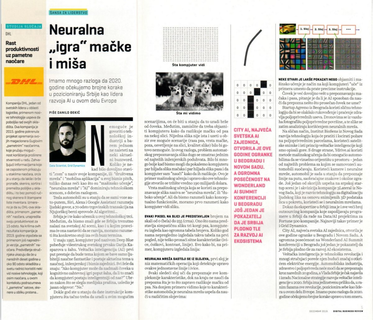 FakultetFEFA's tweet photo. #FEFAalumni Danilo Đekić
#DigitalBusinessReview Šta se danas smatra veštačkom inteligencijom? Gde je Srbija trenutno na svetskoj AI sceni? Kako je prošla 2019. i šta očekivati od 2020? #ai #machinelearning #belgradeai #cityai #wonderlandai #griddynamics https://t.co/SrIPmiwo8i