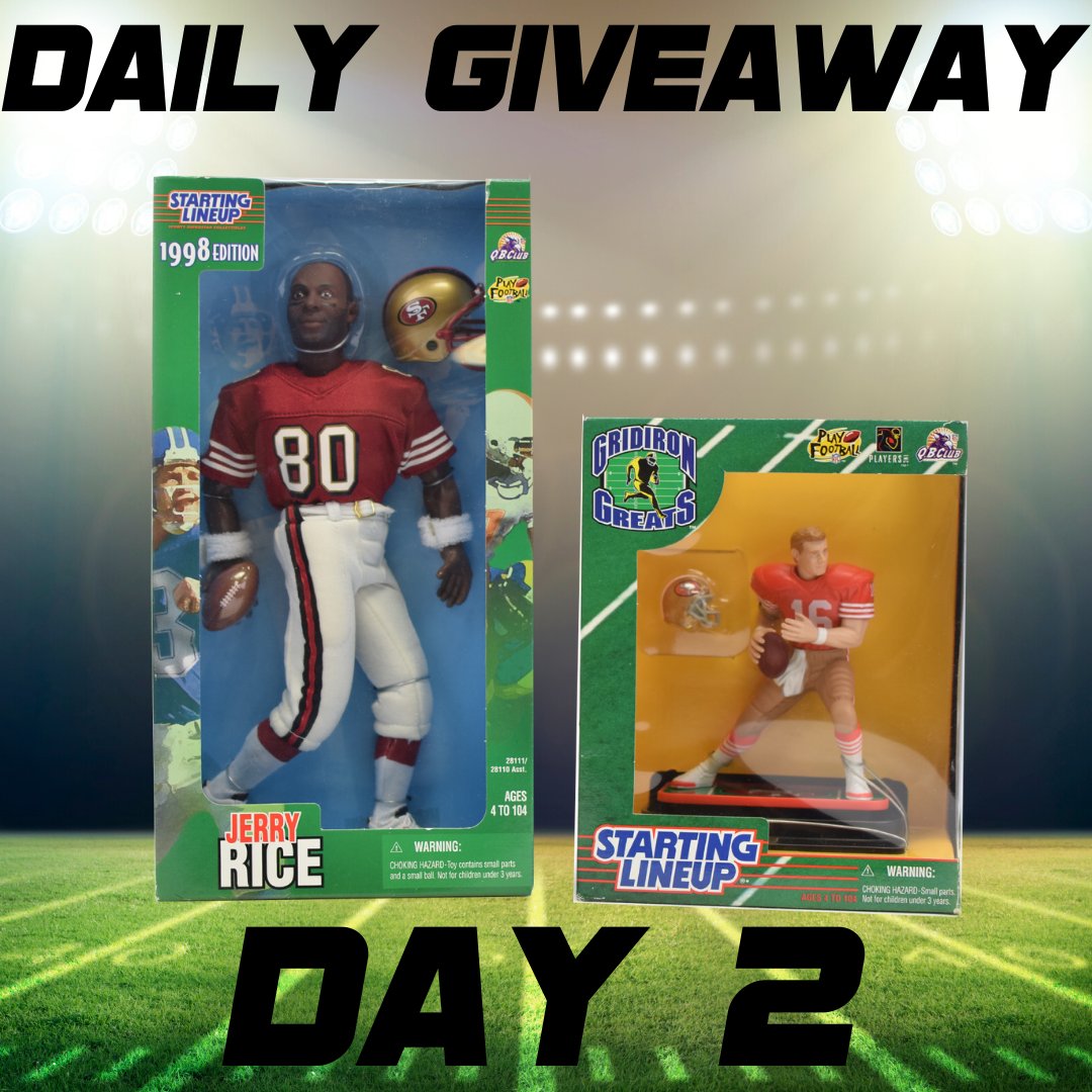 Day 2 is here! The winner of today will receive a #JerryRice figurine and a Autographed #JoeMontana figure! Follow the rules below to enter:
Rules: Like this post, comment your favorite 49ers player, share for an extra entry! 
Enter by 10pm EST. Winner announced Jan. 29th!