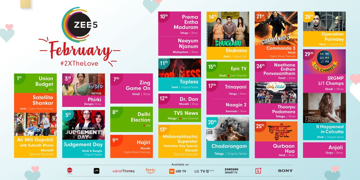 ZEE5India's tweet image. Your February date with Entertainment is all set, as we bring you twice the shows, movies, Live TV and much more! Celebrate #2XTheLove with #ZEE5.

Watch the #FebCalendarReveal event now: bit.ly/2XTheLove_FebC…
