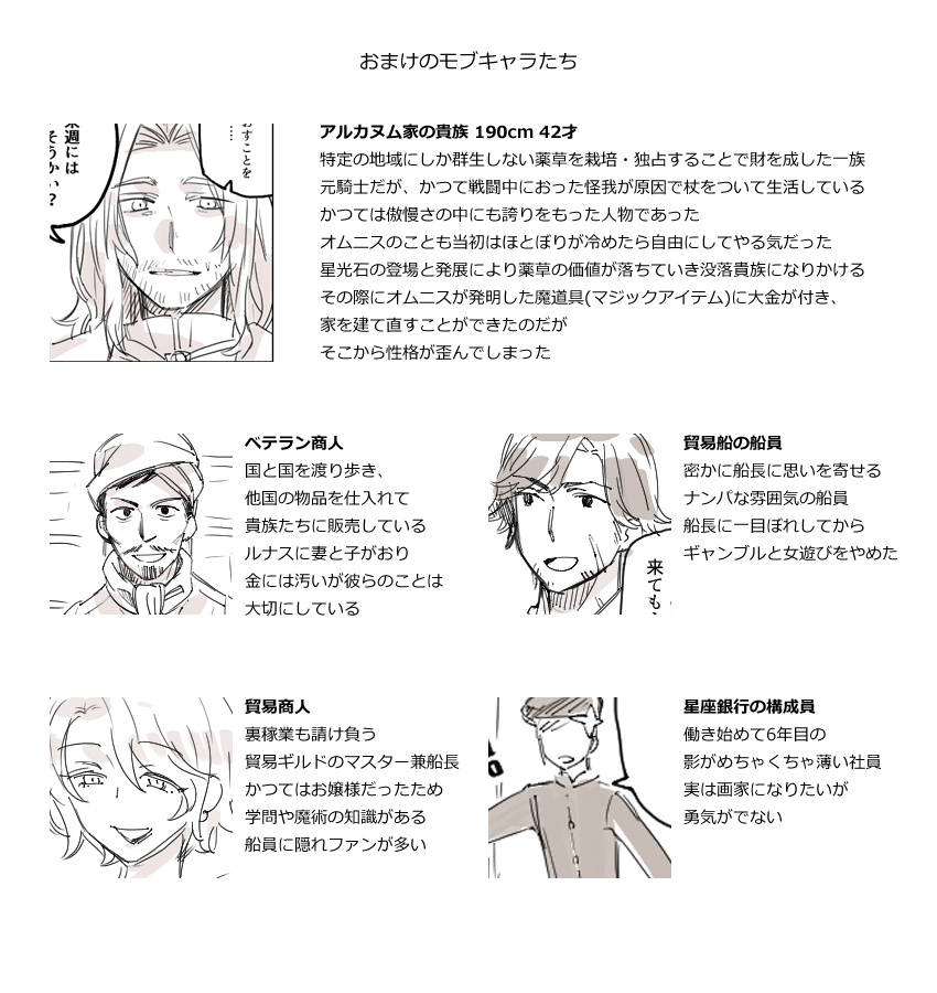 @PixivF_TL 前回の漫画の最後に載せようかなと思っていて普通に忘れたモブキャラリスト……さきさんがめっちゃ考察してくれて嬉しかったのでここに載せておきます 