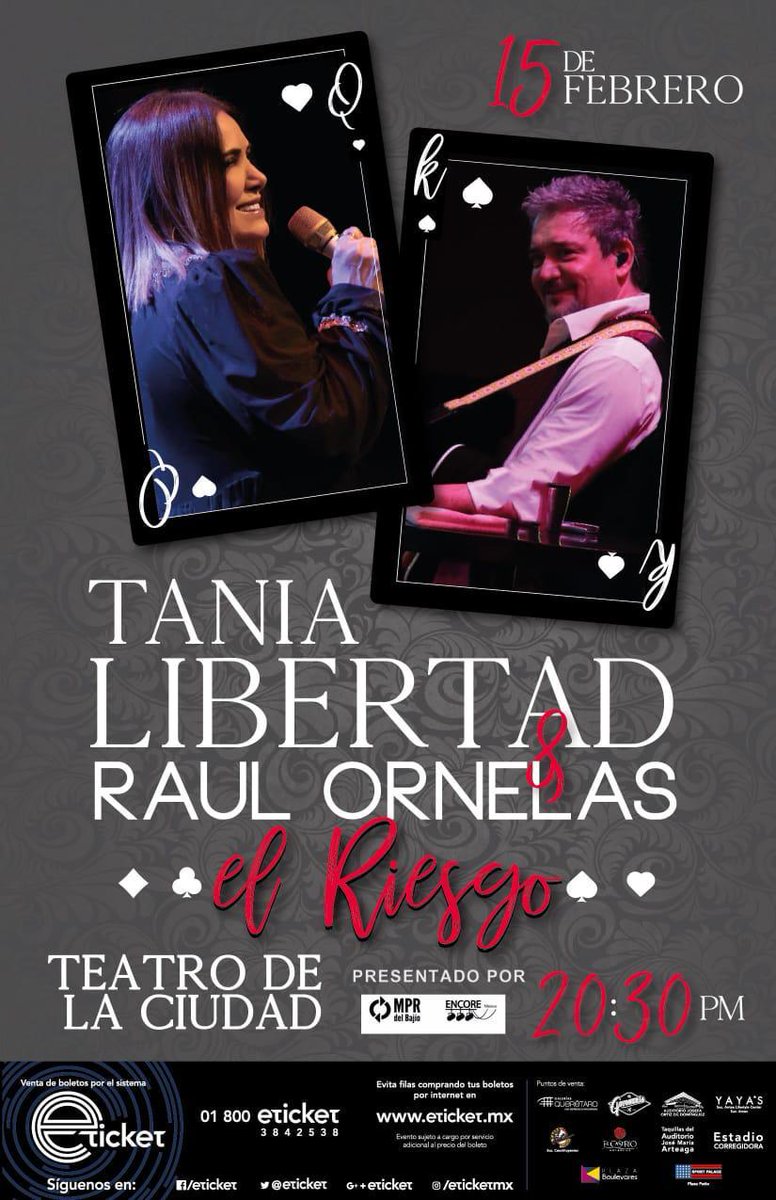 SonarMusicQ's tweet photo. @tanialibertad01 &amp; #RaúlOrnelas 
#ElRiesgo en #Querétaro 
 Febrero 15 / #teatrodelaciudad
Boletos en @eticket

Presenta @mprbajio https://t.co/HcZkonvE01