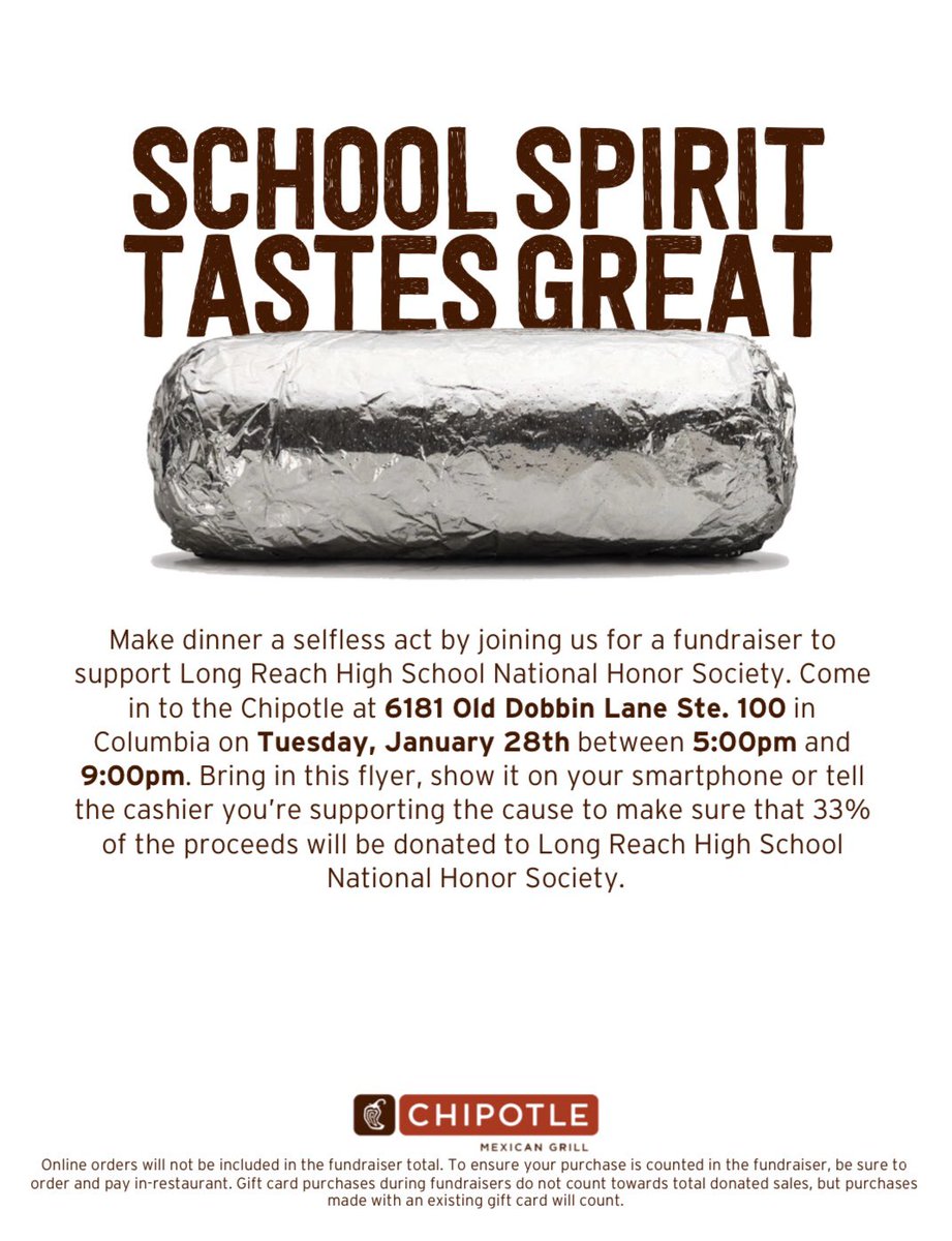 Enjoy dinner at Chipotle tonight from 5-9 and show this flyer to support Long Reach NHS!! 🌯🌟