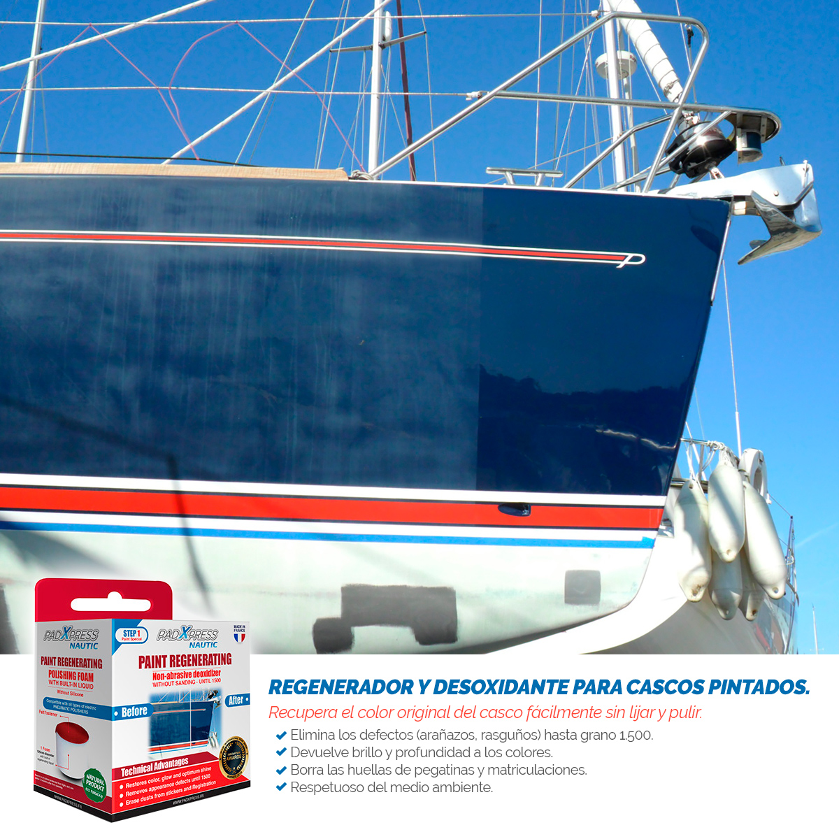 Clean_Sailing's tweet image. ¿Conoces los nuevos regenerantes para cascos Pintados Padxpress? Con una esponja Regenerante pintura #PadXpress regenera y protege completamente un barco de 7 a 9 metros de eslora. Tiempo récord 4 horas para un barco de 7 metros. 👉mtr.cool/wlbdibrkcw