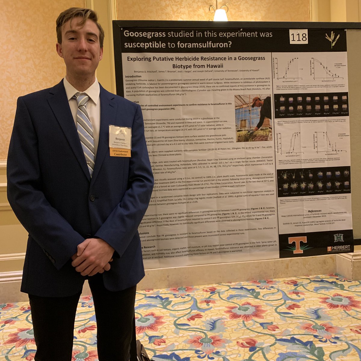 turfgirl24's tweet photo. Great poster this morning from @UTPlantSciences student @ut_BENtgrass on potentially ALS resistant goosegrass at the Southern Weed Science Society meeting. Excited to see what his future in graduate school holds! https://t.co/6q8cSPKYVQ