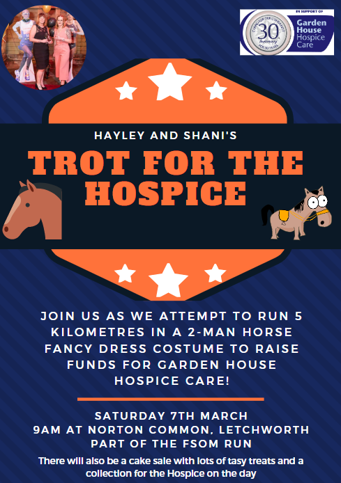 Hayley, one of our amazing <a href="/GHHospice/">Garden House Hospice Care 💙</a> nurses will be running the Manchester marathon in April in aid of the Hospice. To help hit her fundraising target, she is holding a quiz night <a href="/CrownAstonEnd/">The Crown Aston End</a> and running 5k in a 2-man horse costume with her sister Shani! #hospicehero
