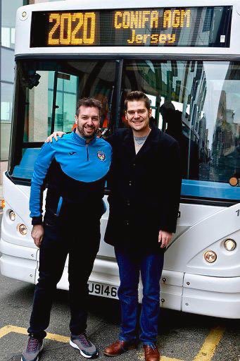 ParishesOfJsyFC's tweet photo. Thanks to @LibertyBusje for being our travel partners for the weekend and to Paul for taking the @CONIFAOfficial Executive on a tour of Jersey’s facilities.

Great pic of President @jamesblower9 and @CONIFAGenSec with our personalised tour bus! https://t.co/nkiTlpnqnS