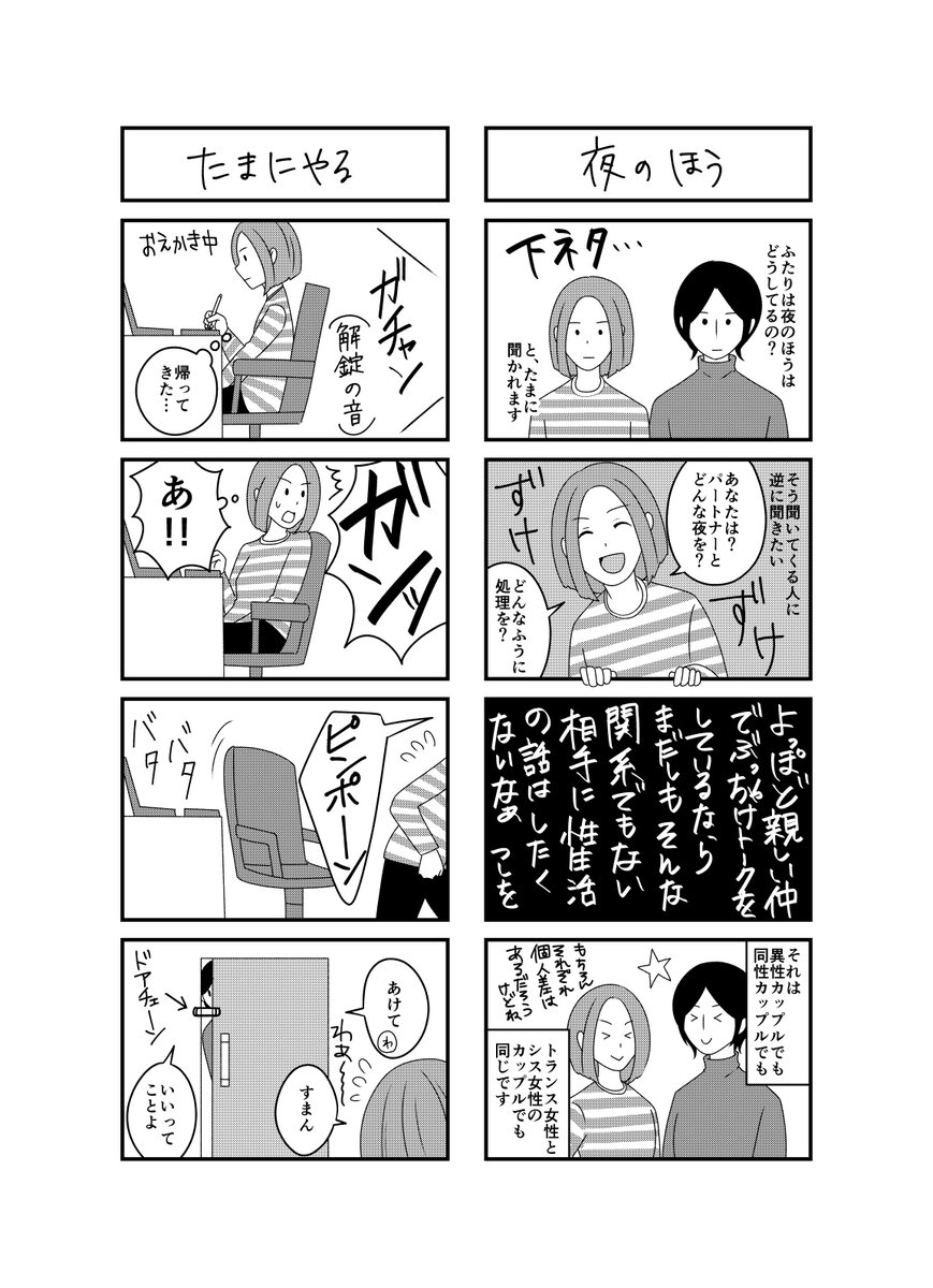 「夫は実は女性でした」の四作目を描きました。
#コミックエッセイ #LGBT #四コマ漫画 