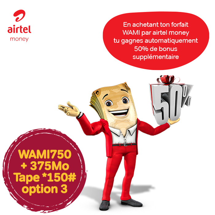 Activez votre forfait WAMI750 à 2000F via Airtel Money et recevez automatiquement 50% de bonus soit 750Mo+375Mo offerts. Composez vite *150# Option 3.
#airtel #gabon #wami #AirtelMoney