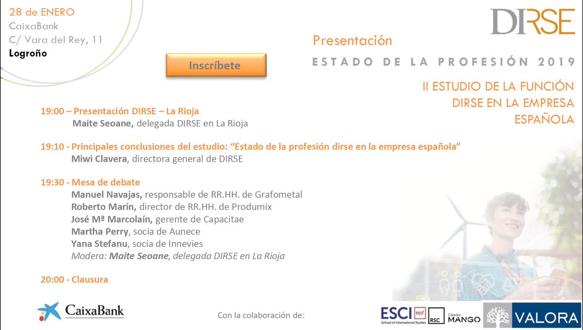 AsocDIRSE's tweet photo. 📌No te pierdas HOY la Presentación en #Logroño del II Estudio sobre la #Profesióndirse. Estarán con nosotros representantes de @capacitae @_aunece_ #Grafometal #Innevies @Produmix 

📆HOY 28 enero
⏰19:00
📍 Business @caixabank C/General Vara de Rey 11
📝https://t.co/CXXNSRzmEa https://t.co/bMOnkW44SR