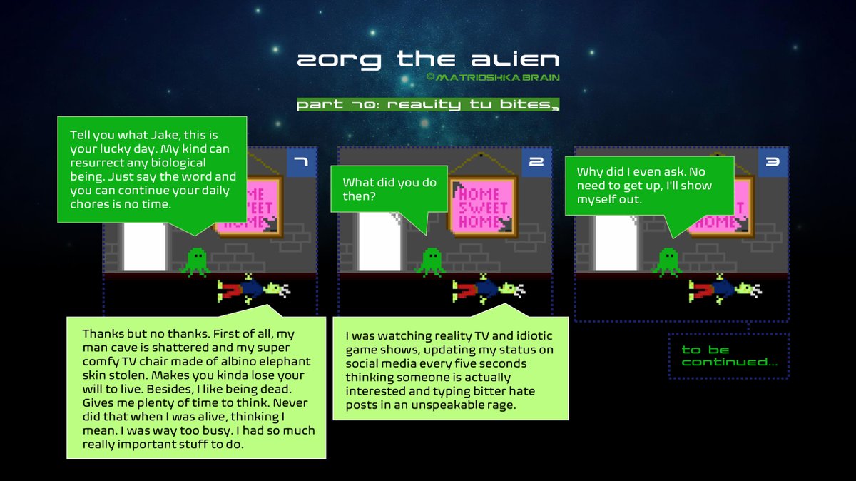 zorg_the's tweet photo. Zorg The Alien. Part 10: Reality TV bites3. ๐๐ช๐ธ๐#comics #spacecomics #webcomic #webcomics #Space #UFO #Aliens #zorgthealien #pixel #pixelart #pixelcomic #pixelcomics #scifi #scifiart #scificomic #scificomics #sciencefiction #sciencefictioncomics #realitytv
@BrainMatrioshka https://t.co/HR4tYtTHol