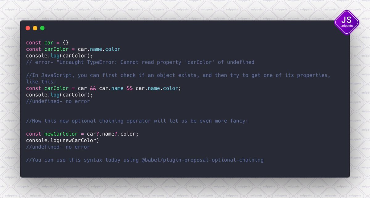 SnippetsJs's tweet image. Have you ever used the && operator as a fallback? now please try Optional chaining and thank us later :)
#JSsnippets
Follow us -
Github - github.com/JSsnippets/Jav…
Twitter -
Linkedin - linkedin.com/company/293420…