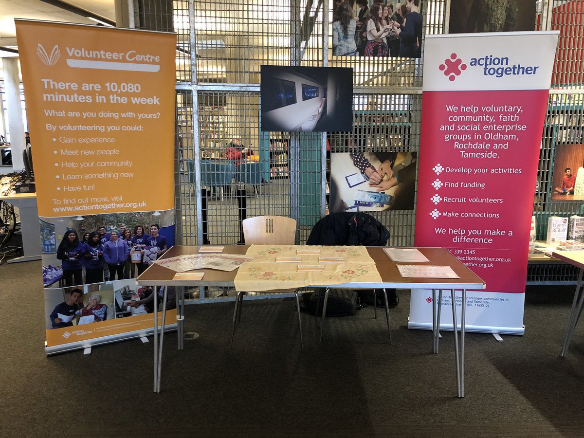 We are #Emergingcommunities drop in session, 10.30 to 12.30 today at Oldham Library promoting #volunteering. Come and have a chat  if you are in the area. #shareskills #getactive #makenewfriends or you can call on 0161 339 2345 or e-mail us at volunteering@actiontogether.org.uk